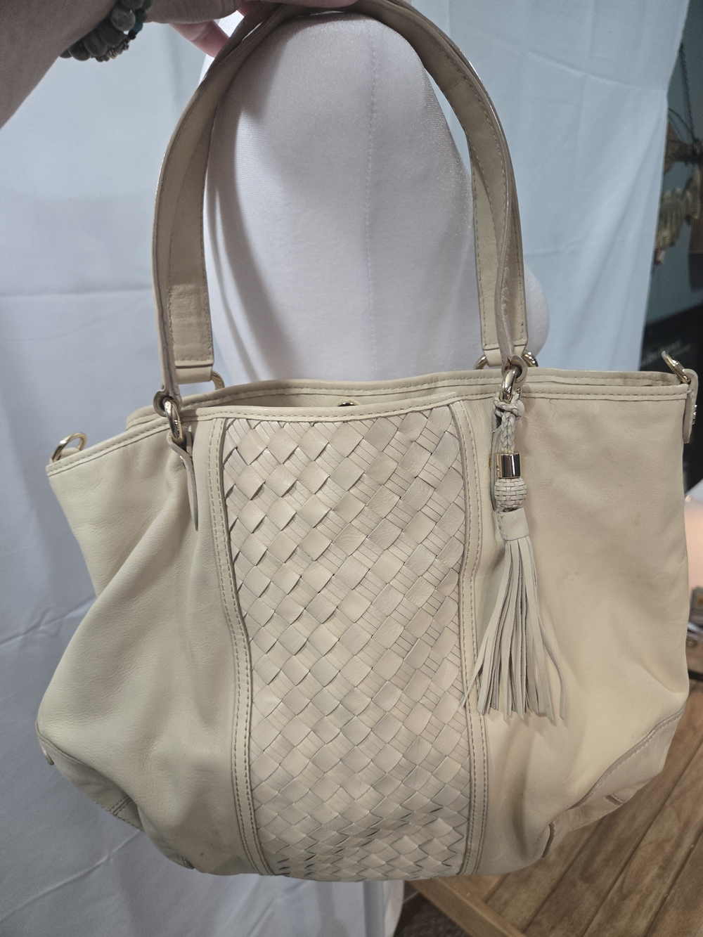 Cole Haan Cream Woven Tote with Tassel